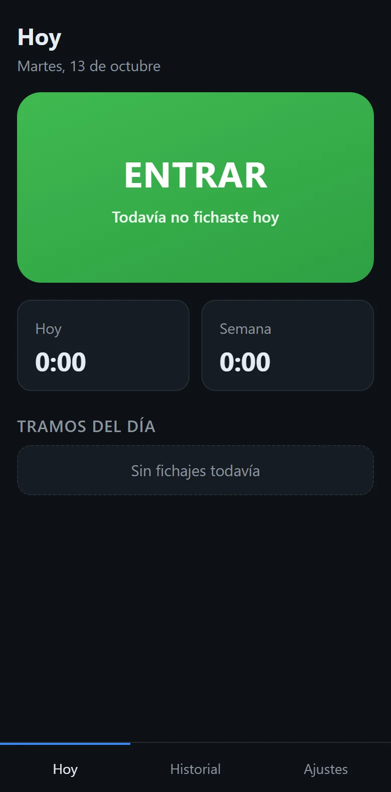 Pantalla principal de fichAR con el botón grande para entrar